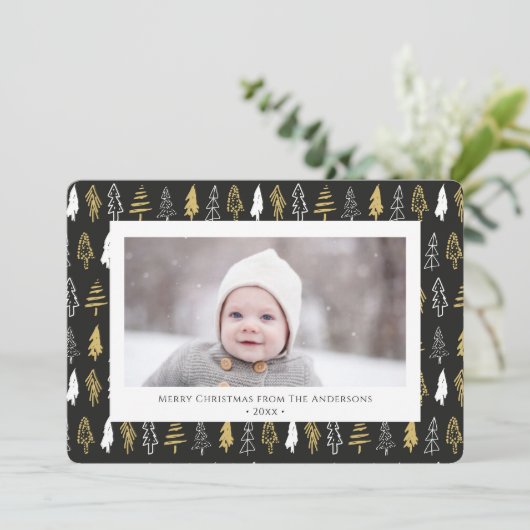 Moderne zwarte, naadloze goudwitte woudbomen feestdagenkaart (Staand voorkant)