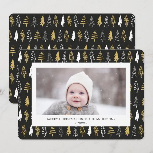 Moderne zwarte, naadloze goudwitte woudbomen feestdagenkaart (Voorkant / Achterkant)