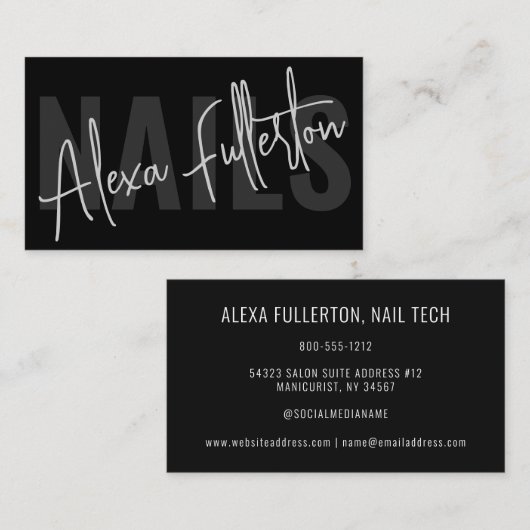 Moderne Zwarte Nail Tech Manicurist Handtekening Visitekaartje (Voorkant / Achterkant)