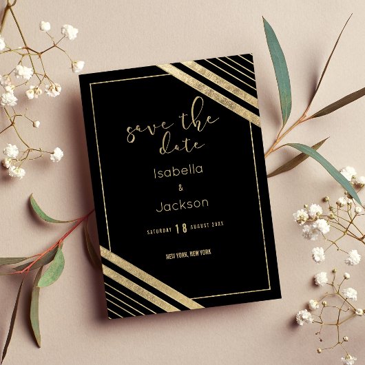 Moderne zwarte nepgoud geometrische save the date