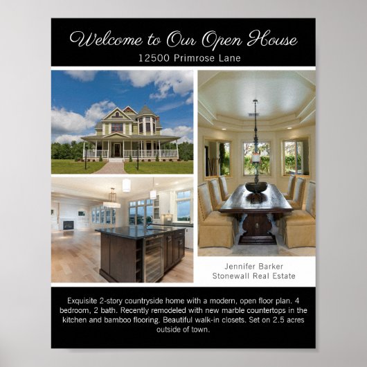 Moderne Zwarte Open Huis Welkom Vastgoed Foto Poster (Voorkant)