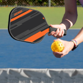 Moderne Zwarte Oranje Geometrische Naam Pickleball Paddle