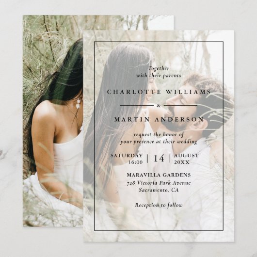 Moderne zwarte overlay 2 foto bruiloft kaart (Voorkant / Achterkant)