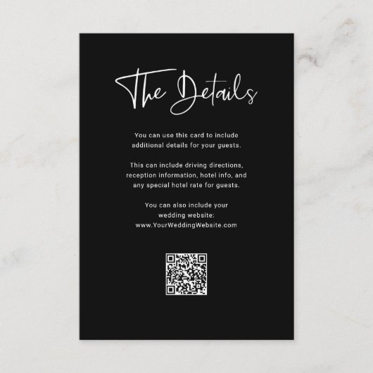 Moderne zwarte overlay | QR Code Wedding Details Informatiekaartje (Voorkant)