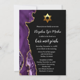 Moderne Zwarte Paarse en Gouden Bar Mitswa Kaart