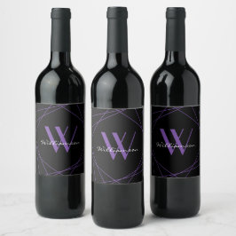 Moderne Zwarte Paarse Monogram Geometrische Naam S Wijn Etiket