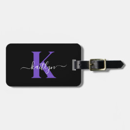 Moderne Zwarte Paarse Script Monogram Bagagelabel