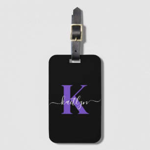 Moderne Zwarte Paarse Script Monogram Bagagelabel