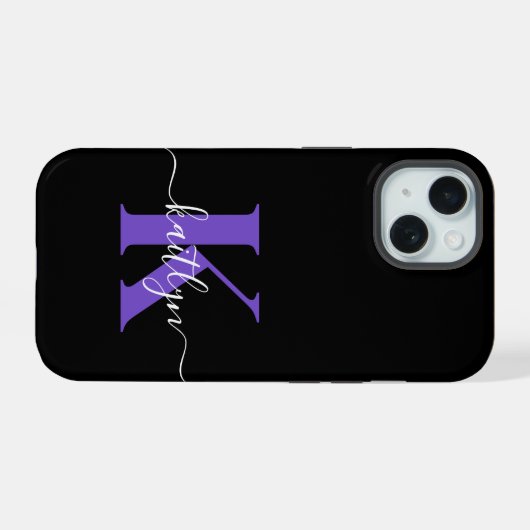 Moderne Zwarte Paarse Script Monogram iPhone 15 Case (Achterkant horizontaal)