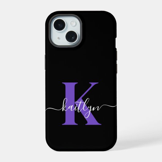 Moderne Zwarte Paarse Script Monogram iPhone 15 Case (Achterkant)