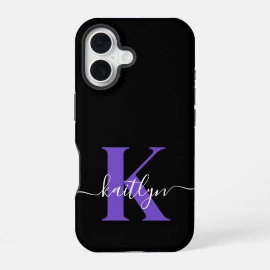 Moderne Zwarte Paarse Script Monogram iPhone 16 Hoesje (Achterkant)