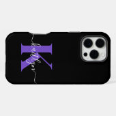 Moderne Zwarte Paarse Script Monogram iPhone Hoesje (Achterkant horizontaal)