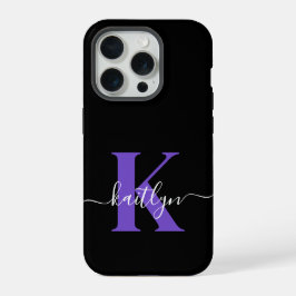 Moderne Zwarte Paarse Script Monogram iPhone 15 Pro Case