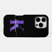 Moderne Zwarte Paarse Script Monogram iPhone Hoesje (Achterkant horizontaal)