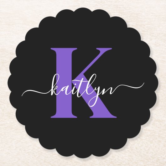 Moderne Zwarte Paarse Script Monogram Kartonnen Onderzetters (Voorkant)