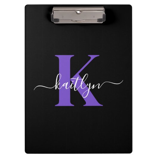Moderne Zwarte Paarse Script Monogram Klembord (Voorkant)