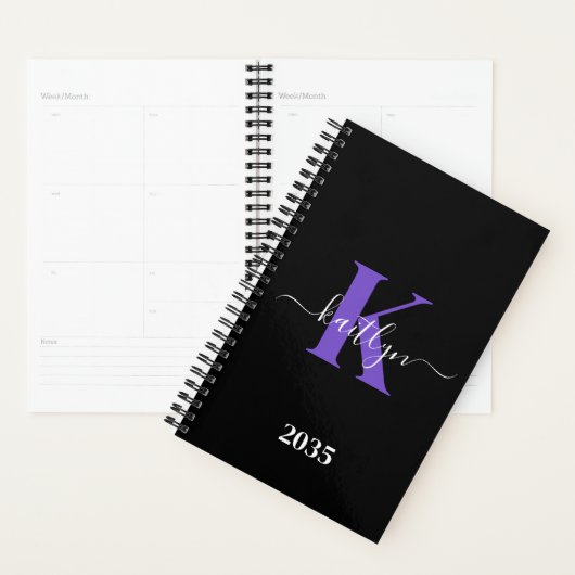 Moderne Zwarte Paarse Script Monogram Planner (Display)