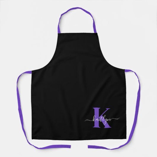 Moderne Zwarte Paarse Script Monogram Schort (Voorkant)