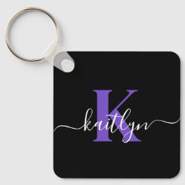 Moderne Zwarte Paarse Script Monogram Sleutelhanger
