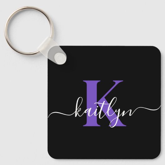 Moderne Zwarte Paarse Script Monogram Sleutelhanger (Voorkant)