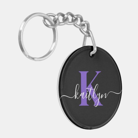 Moderne Zwarte Paarse Script Monogram Sleutelhanger (Voorkant Links)