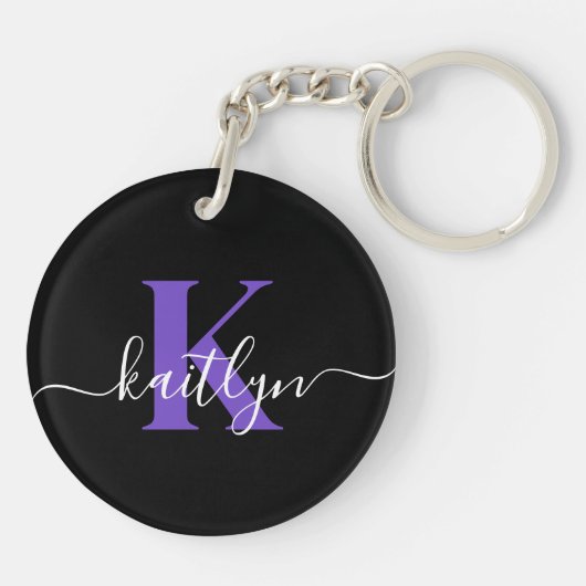 Moderne Zwarte Paarse Script Monogram Sleutelhanger (Achterkant)