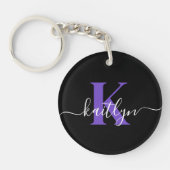 Moderne Zwarte Paarse Script Monogram Sleutelhanger (Voorkant)