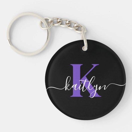 Moderne Zwarte Paarse Script Monogram Sleutelhanger (Voorkant)