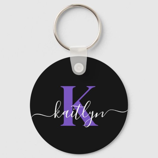 Moderne Zwarte Paarse Script Monogram Sleutelhanger (Achterkant)