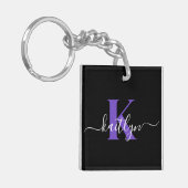 Moderne Zwarte Paarse Script Monogram Sleutelhanger (Voorkant Links)