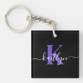 Moderne Zwarte Paarse Script Monogram Sleutelhanger