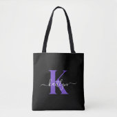 Moderne Zwarte Paarse Script Monogram Tote Bag (Voorkant)