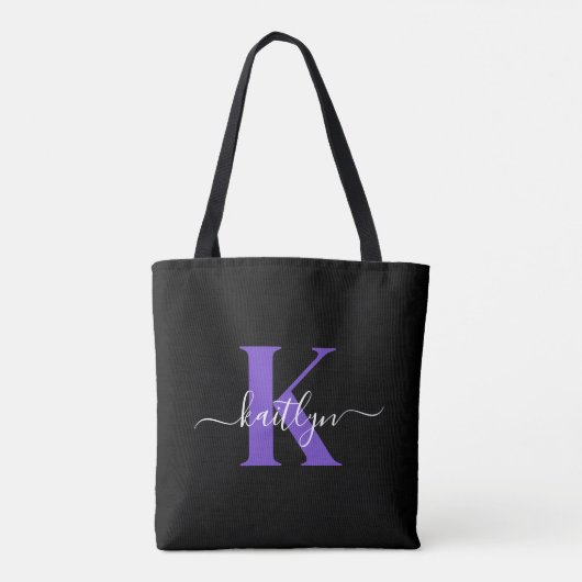 Moderne Zwarte Paarse Script Monogram Tote Bag (Achterkant)