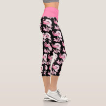 Moderne Zwarte Paisley Roze Flamingo Capri Legging