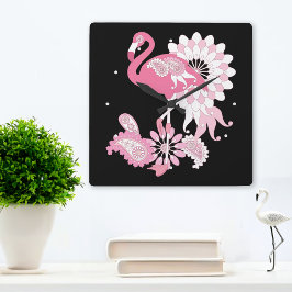 Moderne Zwarte Paisley Roze Flamingo Vierkante Klok