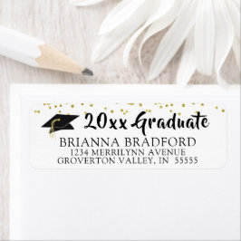 Moderne zwarte penseelscript Gold Confetti Afstude Etiket