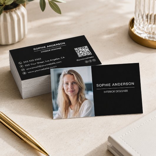 Moderne Zwarte Professionele Foto QR Code Visitekaartje
