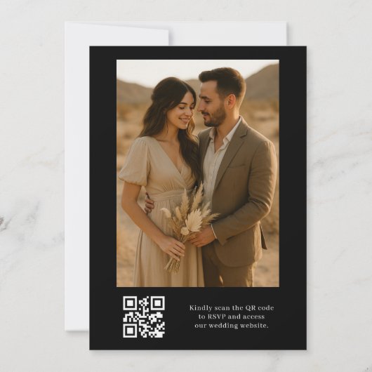 Moderne zwarte QR-code Elegante fotobruiloft Kaart (Achterkant)