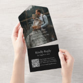 Moderne zwarte QR code | Foto | Monogram bruiloft All In One Uitnodiging (Afscheurbaar)