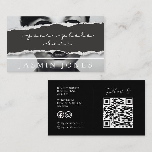 Moderne Zwarte QR-code Foto Visitekaartje (Voorkant / Achterkant)