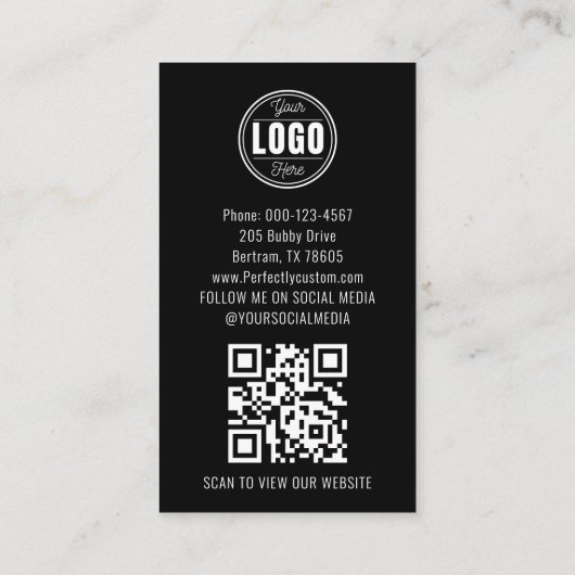 Moderne zwarte QR-code minimalistisch Visitekaartje (Achterkant)