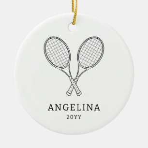 Moderne Zwarte Racket Gepersonaliseerde Naam Tenni Keramisch Ornament