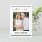 Moderne Zwarte Rand Script Foto Huwelijk Save The Date (Staand voorkant)