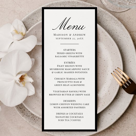 Moderne Zwarte Rand Trouwdag Menu