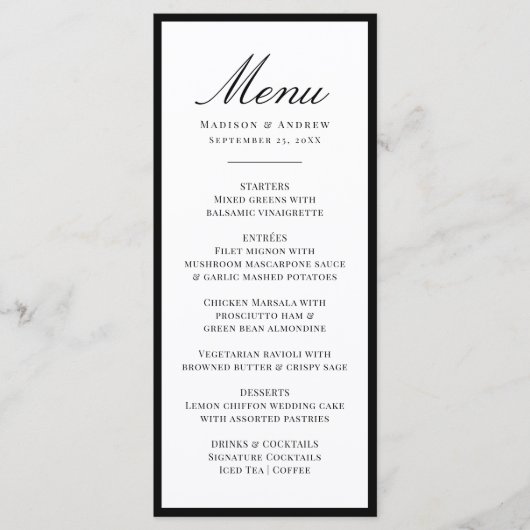 Moderne Zwarte Rand Trouwdag Menu (Voorkant)