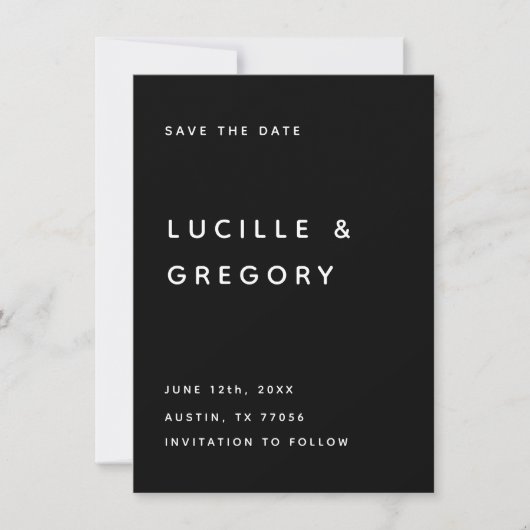 MODERNE ZWARTE REDACTIONELE HOOFDLETTERS SAVE THE DATE (Voorkant)