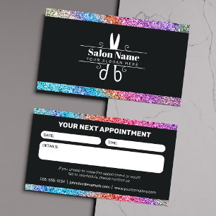 Moderne Zwarte & Regenboog Glitter Salon Boeking Afsprakenkaartje