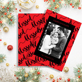 Moderne Zwarte & Rode “Blessed” Script Foto Feestdagenkaart