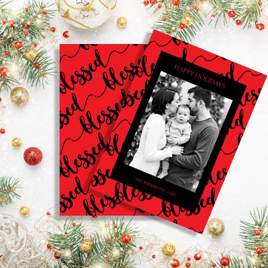 Moderne Zwarte & Rode “Blessed” Script Foto Feestdagenkaart