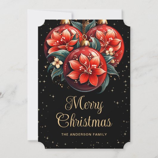 Moderne Zwarte Rode Bloemornamenten Kerstkaart (Voorkant)